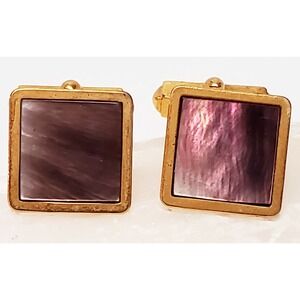 VTG SWANK Abalone Iridescent Square Cuff Links Gold Bordered Signed Toggle Posts